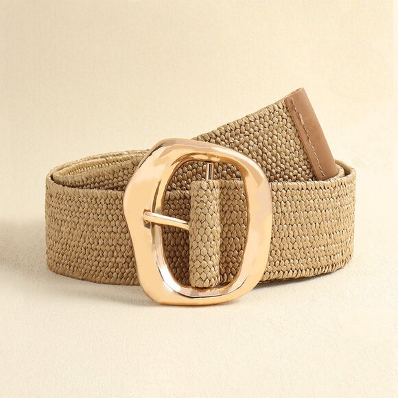 2/$30 Wide Woven Straw Belt Gold Tone Buckle Waist Cincher For Tunic Dress Coat - Picture 9 of 11
